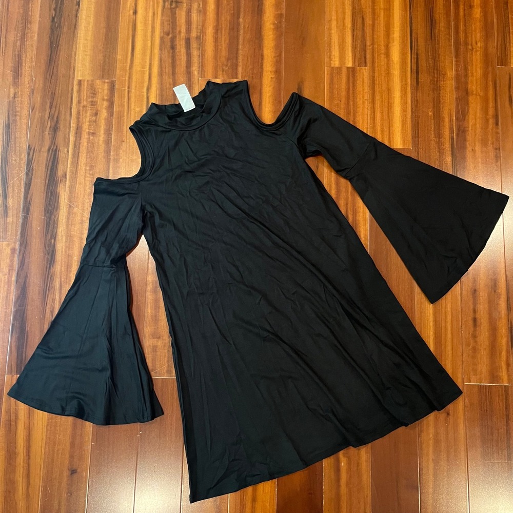 Black Mini Dress Long Sleeve Cold Shoulder Bell USA Made Witch Goth Size Small